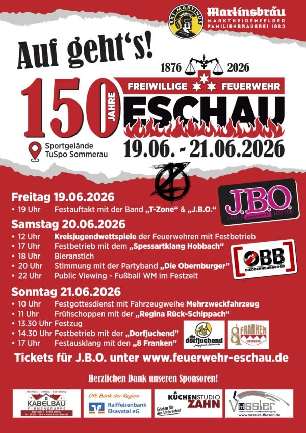 J.B.O. Band bei Feuerwehr-Event in Eschach, Deutschland, mit Feuerwehrauftritt und Musik.